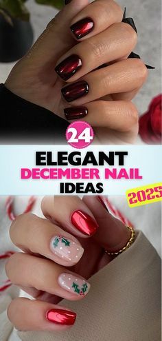 Christmas Holly Nail Art, Nails In December, Classic Christmas Nails Classy, Classy Holiday Nails Simple, Christmas Gel Nails Designs Winter, Nails 2024 Christmas, December Dip Nail Ideas, December Nails 2024