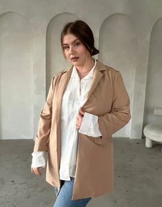 Curve Lightweight Open Blazer Plus Size Outerwear Camel 1XL -2020AVE Oversized Linen Blazer For Workwear, Oversized Button-up Blazer For Work, Beige Collared Blazer For Work, Beige Collared Blazer For Workwear, Versatile Collared Outerwear For Work, Relaxed Fit Button-up Workwear Blazer, Relaxed Fit Button-up Blazer For Work, Trendy Cotton Blazer For Workwear, Casual Everyday Collared Blazer