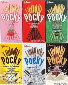 six packets of various flavors of pocky ice cream