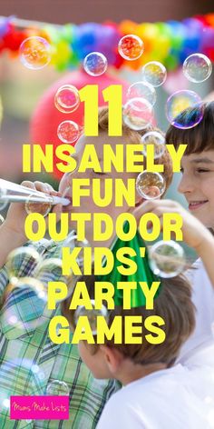 two children playing with soap bubbles in front of an advertisement for the outdoor kids'party games