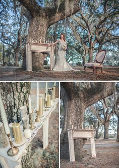 a woman in a wedding dress standing next to a tree with candles on the branches