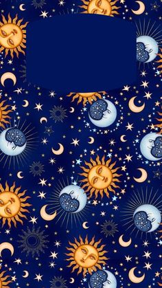 the sun, moon and stars are in the night sky with blue paper for text