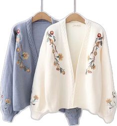 Knitted Cardigan Sweater, Women Embroidery, Embroidery Floral, Blue Ivory, Knitted Cardigan, Knit Sweater Cardigan, Front Open, Floral Embroidery, Cardigan Sweater