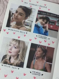 an open notebook with pictures of taylor swift, taylorie swift and aria de bande