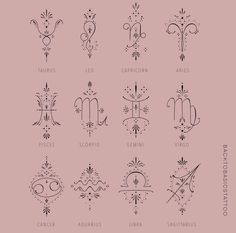 the zodiac symbols are drawn in black ink on a light pink background, with stars and swirls