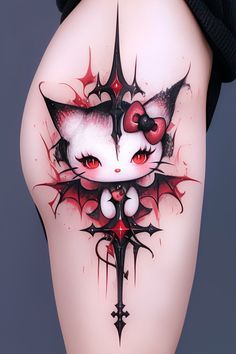 a woman's thigh with an artistic tattoo design on the leg and cat face