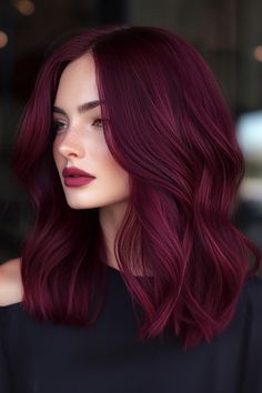 Elevate your style with soft curls and a rich #Burgundy hue in this gorgeous medium-length haircut! #HairInspo #BurgundyHair #SoftCurls #MediumLengthHair #OvalFacesHair Warm Burgundy Hair Color, Dark Violet Hair Burgundy, Berry Red Hair, Burgundy Plum Hair Color, Light Burgundy Hair, Red Auburn Hair, Highlights Inspiration, Wine Hair