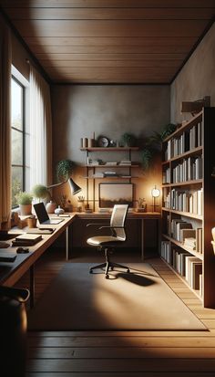 a room with a desk, chair and bookshelf full of bookcases