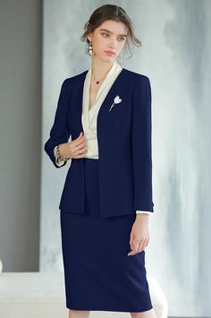 Simple V-neck Skirt Suit - FashionByTeresa Coral Skirt, Stylish Short Dresses, Navy Blue Skirt, Soft Coral, Skirt Suit Set, Professional Wardrobe, Woman Suit Fashion, Classy Work Outfits