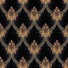 an ornate black background with gold and blue swirls