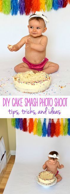 a baby sitting on top of a cake in front of a rainbow backdrop with the words diy cake smash photo shoot tips and ideas