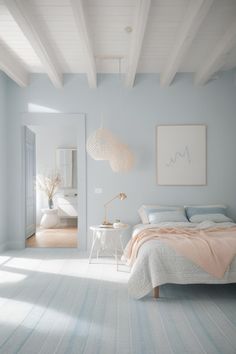 a bedroom with light blue walls and white ceilinging is pictured in this image, there are two lamps hanging above the bed