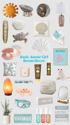 an assortment of items that include shells, candles and other decorative items are arranged on a white background