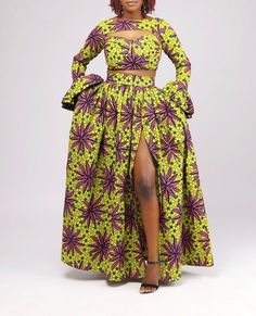 This beautifully made African print outfit will make you look stunning and standout in that your forthcoming occasion. THIS IS A HANDMADE PRODUCT. SO WE WELCOME CUSTOMIZATION. YOU CAN LET US KNOW WHAT YOU WANT TO BE ADDED OR REMOVED FROM THE ORIGINAL STYLE AND EVEN CHOOSE YOUR OWN FABRIC. ABOUT SIZING: *  Comes in different sizes.  * For more perfect fit, please use the measurement guide/sample to measure and send us the following: @Bust @Waist @Hip  @Skirt and top length  Kindly let us know how Fitted Printed Skirt For Party, Fitted Green Printed Skirt, Fitted Two-piece Green Skirt, Fitted Green Two-piece Skirt, Green Fitted Printed Skirt, Fitted Two-piece Long Skirt, Fitted Flared Yellow Maxi Skirt, African Skirt Outfit, African Skirt