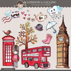 the london is calling clipart set includes an image of a red bus, a clock tower and other things