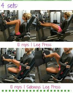 a woman sitting in a gym machine doing leg presss with the instructions for how to do