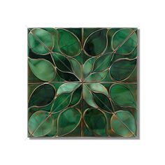 a green and gold tile with leaves on the bottom, in an abstract manner that is reminiscent