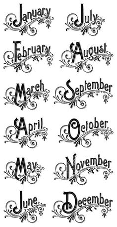 months of the year in black and white with swirls on each side, including one letter