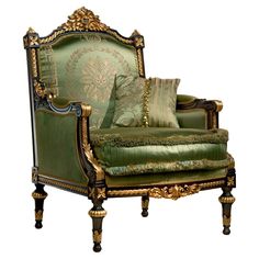 an ornate green chair and ottoman with gold trimmings in front of a curtained window