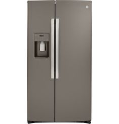 a side by side refrigerator with the door open and water dispenser attached