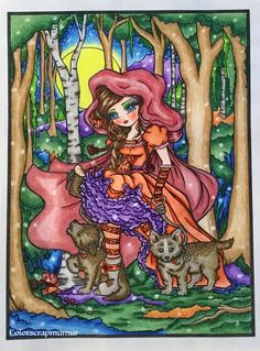 a drawing of a girl and her dogs in the woods, with trees behind her