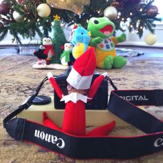 an elf is sitting on top of a cardboard box in front of a christmas tree