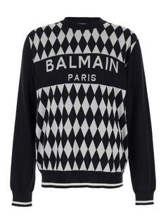 100% Merinos Wool Luxury Logo Print Sweater For Fall, Luxury Logo Print Sweater For Winter, Luxury Winter Sweater With Logo Print, Balmain Sweater, Balmain Jeans, Balmain Men, Diamond Logo, Knit Logo, Balmain Paris