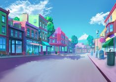 an animated city street scene with buildings and trees