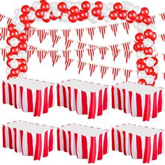 PRICES MAY VARY. Nice combination: you will receive 6 pieces red and white striped table cloth, 6 set red and white pennant banners, 60 pieces party balloons, and 3 rolls ribbons, nice combination can meet your demands and replacements Reliable material: this carnival table skirt is made of quality PEVA material, which is waterproof and oil proof, safe and portable, not easy to break and leak, fade resistant, easy to clean, soft Easy to use: you can hang these red and white pennant banners on tr Theme Carnaval, Table Skirts, Circus Decorations, Carnival Decorations, Candy Buffet Tables, Circus Theme Party, Carnival Themed Party, Carnival Birthday Parties, Striped Table