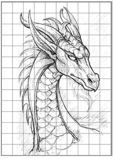 a drawing of a dragon head on a grid paper with the words,'how to draw