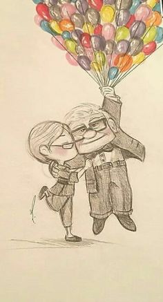 a drawing of two people holding balloons