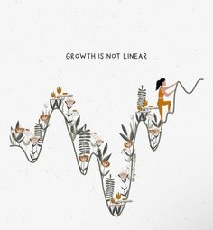 a woman sitting on top of a plant with growth is not linear written above it