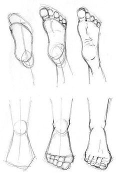 four different views of feet and toes in various stages of drawing, with one being drawn