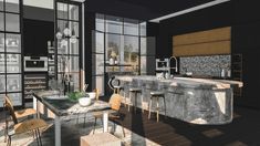 an artistic rendering of a kitchen with marble counter tops and island in front of glass doors