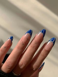 Nails 23, Grad Nails, Blue Prom Nails, 90s Nails, Blue Chrome Nails, Blue And Silver Nails, Pretty Fingers, Hoco Nails, Royal Blue Nails