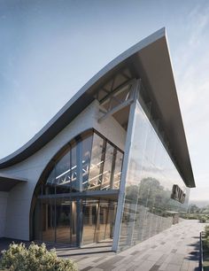 an architectural rendering of a modern building with curved roof and glass walls on the outside