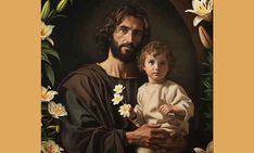 a painting of jesus holding a child in front of flowers and lilies with the image of jesus on it