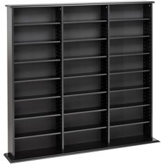 a large bookcase with many shelves and drawers on each side, all in black