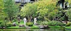 two people standing in the middle of a lush green garden next to a body of water