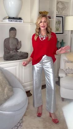 Shop Wool Blend V Neck Sweater and other curated products on LTK, the easiest way to shop everything from your favorite creators. Silver Pants Christmas Outfit, How To Wear Metallic Pants, How To Wear Silver Pants, Silver Look Outfit, Silver Pants Outfit Winter, Silver Metallic Shoes Outfit, How To Style Metallic Pants, Style Silver Pants, Silver Jeans Outfit Casual Styles