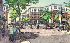 an artist's rendering of a city street with people walking on the sidewalk