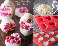 white chocolate bark bites with heart shaped candy in them and other ingredients to make valentine's day treats