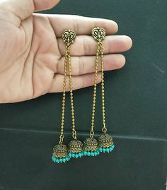 Kashmiri Handmade Chain Earrings, Handmade Oxidized Earrings. Antique Golden look Earrings. Light Weight Earrings. Metal - Alloy. Jhumkas Earrings, Oxidized Earrings, Golden Copper, Foot Bracelet, Handmade Chain, Chandbali Earrings, Traditional Earrings, Earrings Antique, Earrings Turquoise