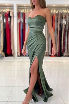 Simple Green Strapless Sleeveless Mermaid Elastic Woven Satin Floor-Length Prom Dresses Formal Dresses Graduation, Prom Dresses Long Mermaid, Floor Length Prom Dresses, Candy Pink, Mermaid Prom Dresses, Evening Dresses Long, Wisteria