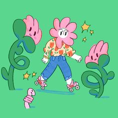 a drawing of a person on a skateboard with flowers and stars in the background