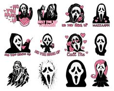 some stickers that are on the side of a white wall with black and pink designs