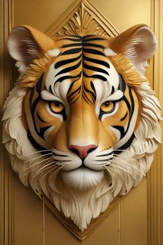 a close up of a tiger's face on a gold door with white and black stripes