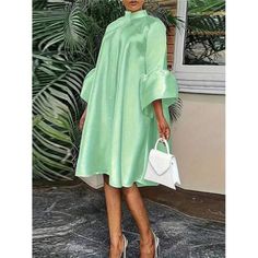 -Item Id 32039429 -Color: Green -Style: Casual -Details: Ruffle, Button -Pattern Type: Plain -Type: A Line -Neckline: Stand Collar -Sleeve Length: Long Sleeve -Sleeve Type: Flounce Sleeve -Waist Line: Natural -Hem Shaped: Flared, Straight -Length: Midi -Fit Type: Loose -Fabric: Non-Stretch -Material: Woven Fabric -Composition: 100% Polyester -Care Instructions: Machine Wash Or Professional Dry Clean -Pockets: No -Sheer: No **Open To Offers!!!** **Bundle To Save More** **30% Off Bundles Of 2 Or M Women Loose Shirt, Ruffled Tops, Loose Shirt Dress, Loose Midi Dress, Button Shirt Dress, Afrikaanse Mode, Button Front Shirt Dress, Summer Sundress, Autumn Fashion Casual