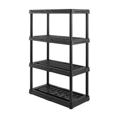 three tiered shelving unit with black plastic shelves