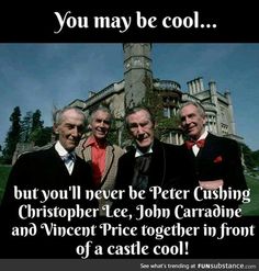 three men standing next to each other in front of a castle with the caption, you may be cool but you'll never be peter cushing